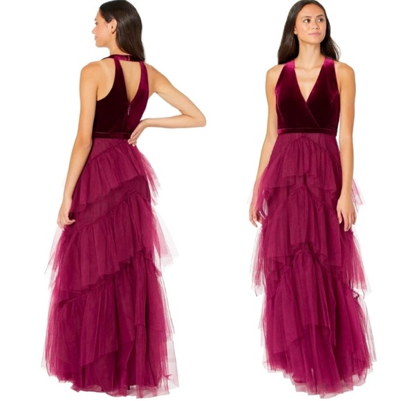Revolve BCBGMAXAZRIA Velvet Tull Tired Fit & Flare Long Dress Gown Size M - Picture 4 of 14